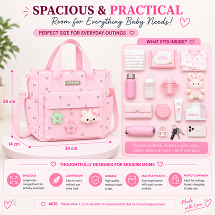 Baby Diaper Bag with Multiple Pockets and Shoulder Strap(Pink)