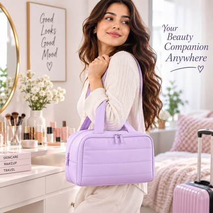 Premium Quilted 2-Side Opening Makeup & Travel Organizer Bag(Lavender)