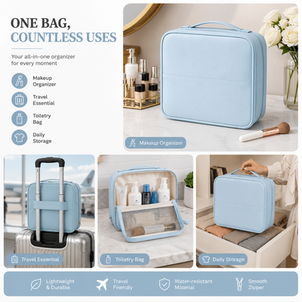 Travel Makeup Organizer Bag with Mirror(Sky blue)