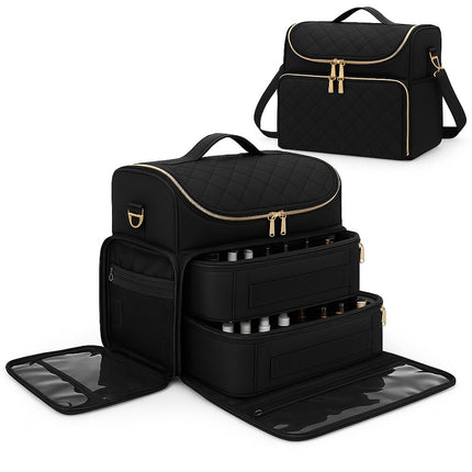 Black Quilted Nail Art Bag with Gold Zippers