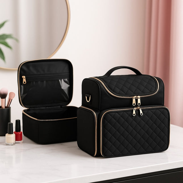 Black Quilted Nail Art Bag with Gold Zippers