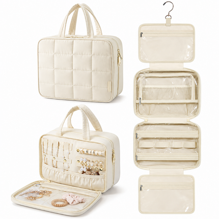 Foldable Travel Jewelry Organizer with Multiple Zip Pockets(White)