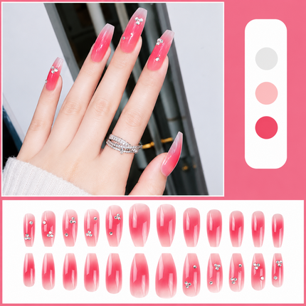 Ready to use Acrylic gel nails- Ombre Peach and Pink with rhinestone(P014-02)