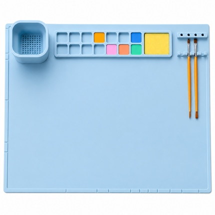 Silicone Painting Mat with Brush Cleaner, Holder & Paint Wells