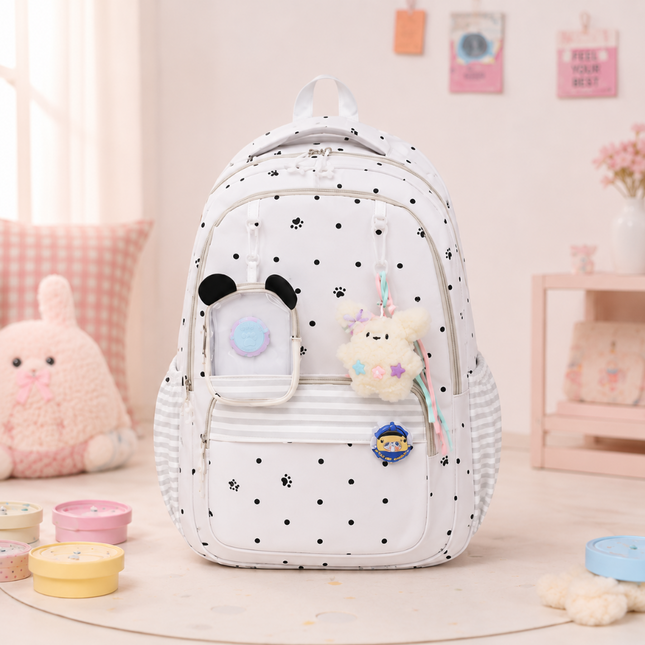Coslifestore Cute Polka Dot Backpack School Bag with charms, badges and a coin pouch (Off white)
