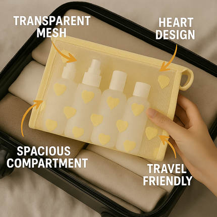 Mesh Cosmetic Pouch with Heart Design(yellow)