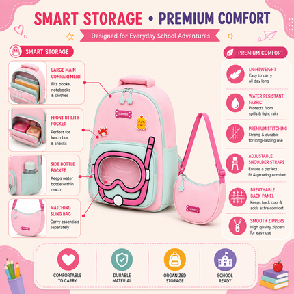 Kids School Backpack with Matching Sling Bag(Pink)