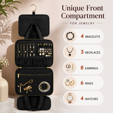 Foldable Travel Jewelry Organizer with Multiple Zip Pockets(Black)