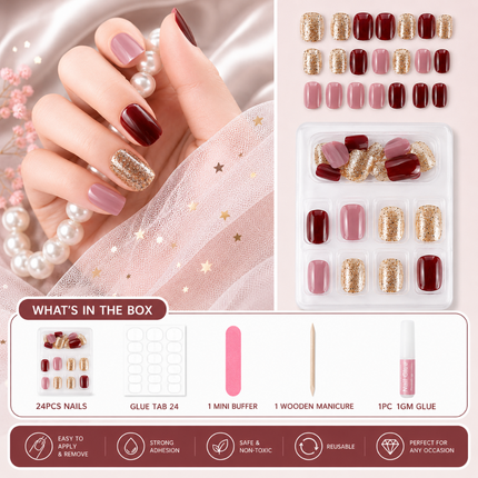 Ready to use Acrylic gel nails-maroon gold and peach(741-12)