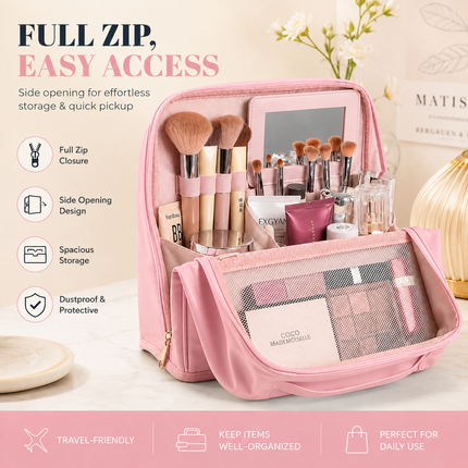 Travel Makeup Organizer Bag with Mirror(Pink)