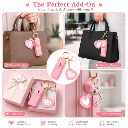 Pink Lipstick Holder Keychain with Heart Mirror Charm