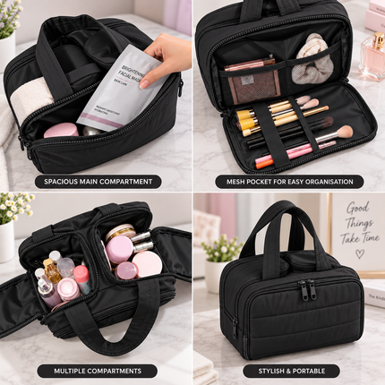 Premium Quilted 2-Side Opening Makeup & Travel Organizer Bag(Black)