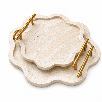 Stone Serving Tray Set of 2 with Gold Handles