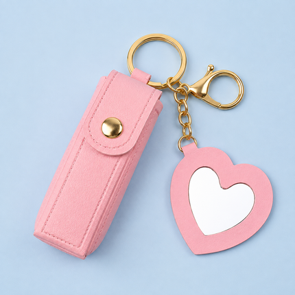 Pink Lipstick Holder Keychain with Heart Mirror Charm