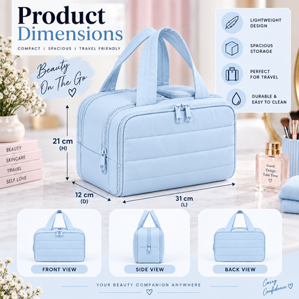 Premium Quilted 2-Side Opening Makeup & Travel Organizer Bag(Sky blue)