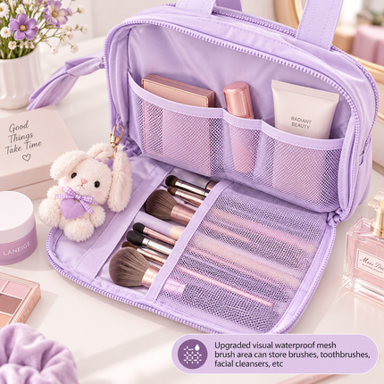 Premium Quilted 2-Side Opening Makeup & Travel Organizer Bag(Lavender)