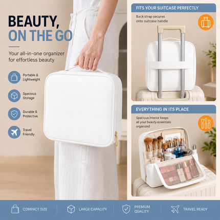 Travel Makeup Organizer Bag with Mirror(White)