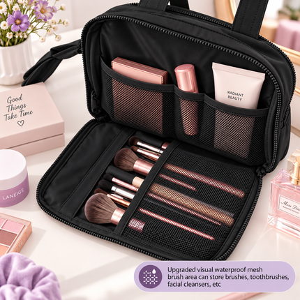 Premium Quilted 2-Side Opening Makeup & Travel Organizer Bag(Black)