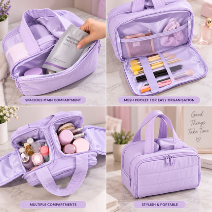 Premium Quilted 2-Side Opening Makeup & Travel Organizer Bag(Lavender)