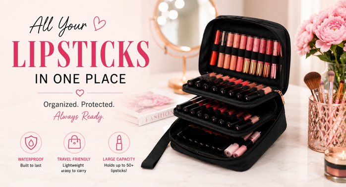 <h3><strong>“The Ultimate Makeup Storage Companion”</strong><em>Designed to keep your lipsticks, cosmetics & beauty essentials protected, organized, and always within reach.</em></h3>