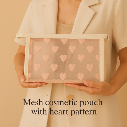 Mesh Cosmetic Pouch with Heart Design