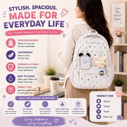 Coslifestore Cute Polka Dot Backpack for Girls, Teens & Women (Off white)