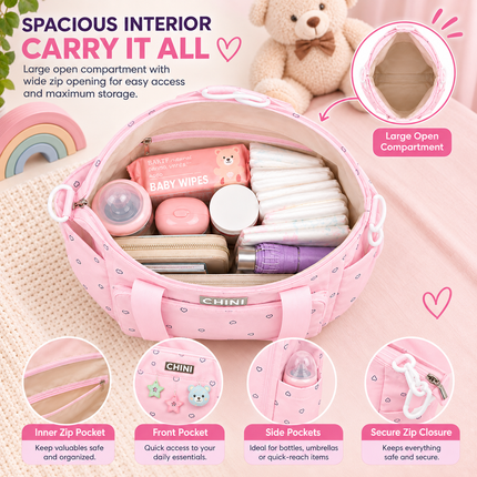Baby Diaper Bag with Multiple Pockets and Shoulder Strap(Pink)