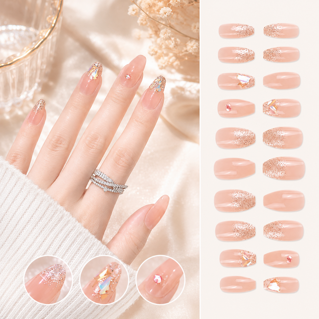 Ready to use Acrylic gel nails- Peach with rhineston (P012-06)