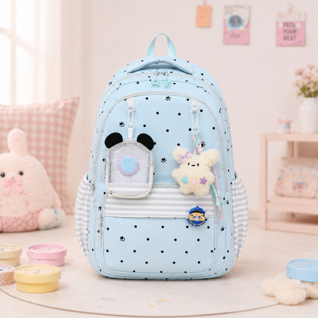 Coslifestore Cute Polka Dot Backpack School Bag with charms, badges and a coin pouch (SKY BLUE)