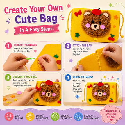 Handmade DIY Felt Shoulder Bag Craft Kit for Kids(Yellow)