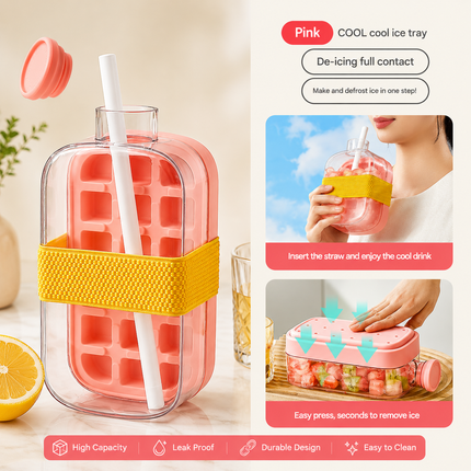 2-in-1 Ice Cube Tray Bottle with Straw, Pink