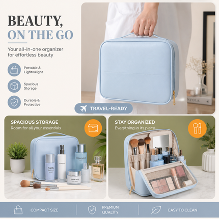 Travel Makeup Organizer Bag with Mirror(Sky blue)