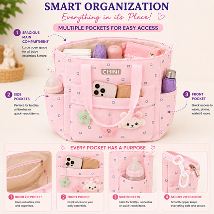Baby Diaper Bag with Multiple Pockets and Shoulder Strap(Pink)