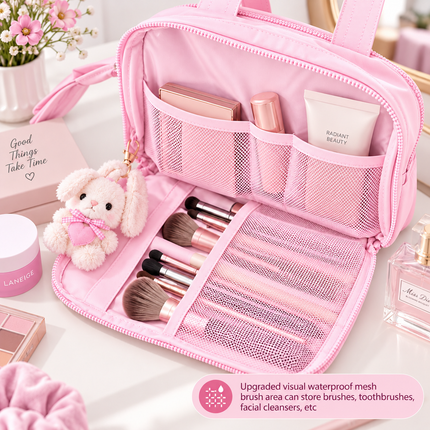 Premium Quilted 2-Side Opening Makeup & Travel Organizer Bag(Pink)
