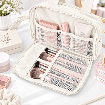 Premium Quilted 2-Side Opening Makeup & Travel Organizer Bag(Off white)