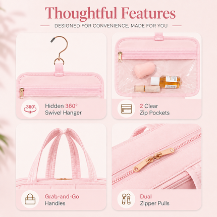 Foldable Travel Jewelry Organizer with Multiple Zip Pockets(Pink)