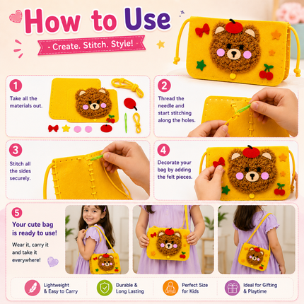 Handmade DIY Felt Shoulder Bag Craft Kit for Kids(Yellow)