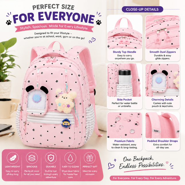 Coslifestore Cute Polka Dot Backpack School Bag with charms, badges and a coin pouch (Pink)