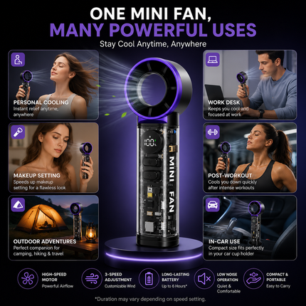 Portable Bladeless Mini Fan with Digital Display, USB Rechargeable