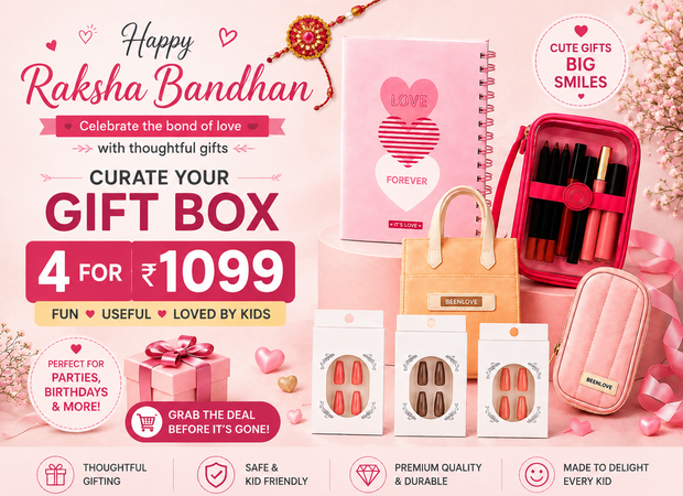 A promotional collage for a Raksha Bandhan gift box set, featuring a pink notebook, a red makeup case with lipsticks, a beige tote bag, a pink zip pouch, nail care packs, and gift boxes, surrounded by festive text and heart graphics on a pink background.