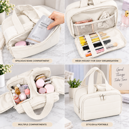Premium Quilted 2-Side Opening Makeup & Travel Organizer Bag(Off white)