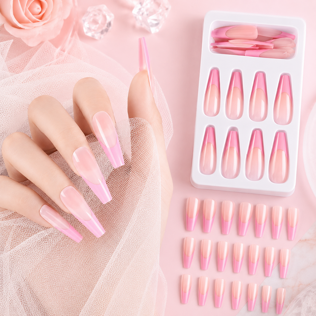 Ready to use Acrylic gel nails -Pink french long ballerina(781-10)