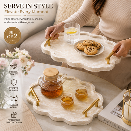Stone Serving Tray Set of 2 with Gold Handles
