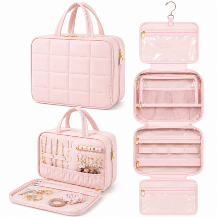 Foldable Travel Jewelry Organizer with Multiple Zip Pockets(Pink)