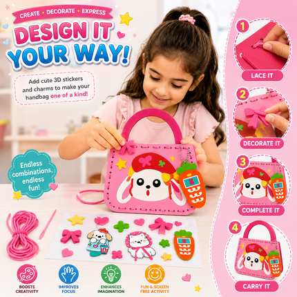 DIY Handbag Making Kit for Girls with 3D Stickers & Charms(Pink)