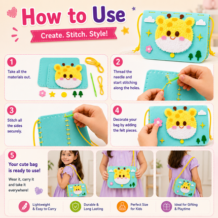 Handmade DIY Felt Shoulder Bag Craft Kit for Kids(Sky blue)