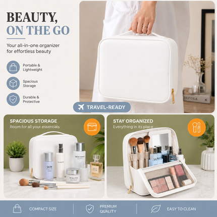 Travel Makeup Organizer Bag with Mirror(White)