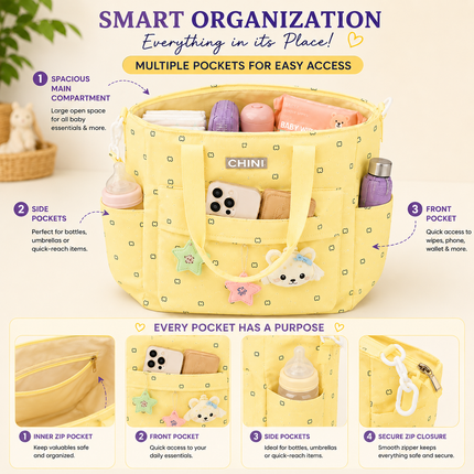 Baby Diaper Bag with Multiple Pockets and Shoulder Strap(Yellow)
