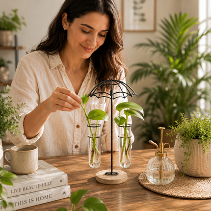 Coslifestore Glass Plant Holder with Wooden Stand(Model B)