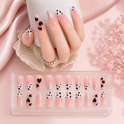 Ready to use Acrylic gel nails- Black and pink dotted (P011-3)